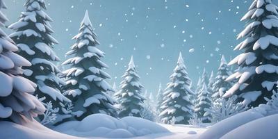 The primary subject of the image is a snow-covered pine tree. The setting is a snowy forest, with other pine trees visible in the background. The visual style is a digital art or illustration, creating a wintery and serene atmosphere. The dominant colors are white and blue, with the snow covering the trees and the sky in the background.